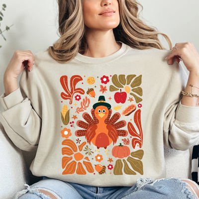 Thanksgiving Turkey Floral Boho Botanical Autumn Harvest Leaves Graphic Sweatshirt