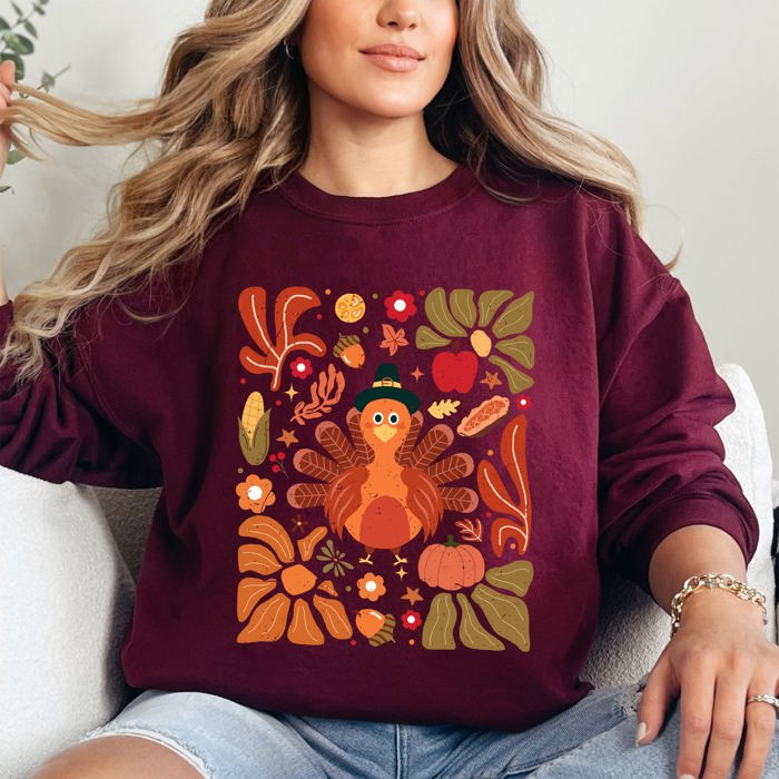 Thanksgiving Turkey Floral Boho Botanical Autumn Harvest Leaves Graphic Sweatshirt