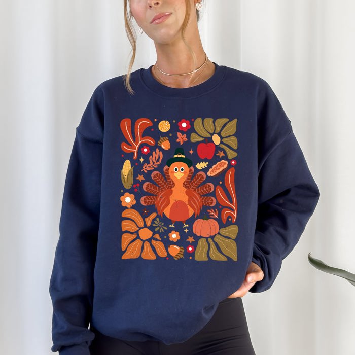 Thanksgiving Turkey Floral Boho Botanical Autumn Harvest Leaves Graphic Sweatshirt