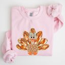 Medium Light Pink Thanksgiving Turkey Autumn Painted Graphic Fall Harvest Illustration Cozy Sweatshirt