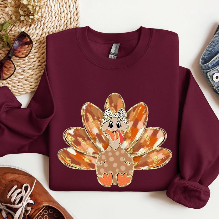 Thanksgiving Turkey Autumn Painted Graphic Fall Harvest Illustration Cozy Sweatshirt