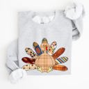 XXXL Ash Light Gray Thanksgiving Turkey Plaid Autumn Patterns Cozy Festive Decor Soft Fleece Lined Sweatshirt