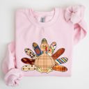 Large Light Pink Thanksgiving Turkey Plaid Autumn Patterns Cozy Festive Decor Soft Fleece Lined Sweatshirt