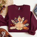 Medium Maroon Thanksgiving Turkey Plaid Autumn Patterns Cozy Festive Decor Soft Fleece Lined Sweatshirt