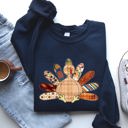 XXL Navy Thanksgiving Turkey Plaid Autumn Patterns Cozy Festive Decor Soft Fleece Lined Sweatshirt
