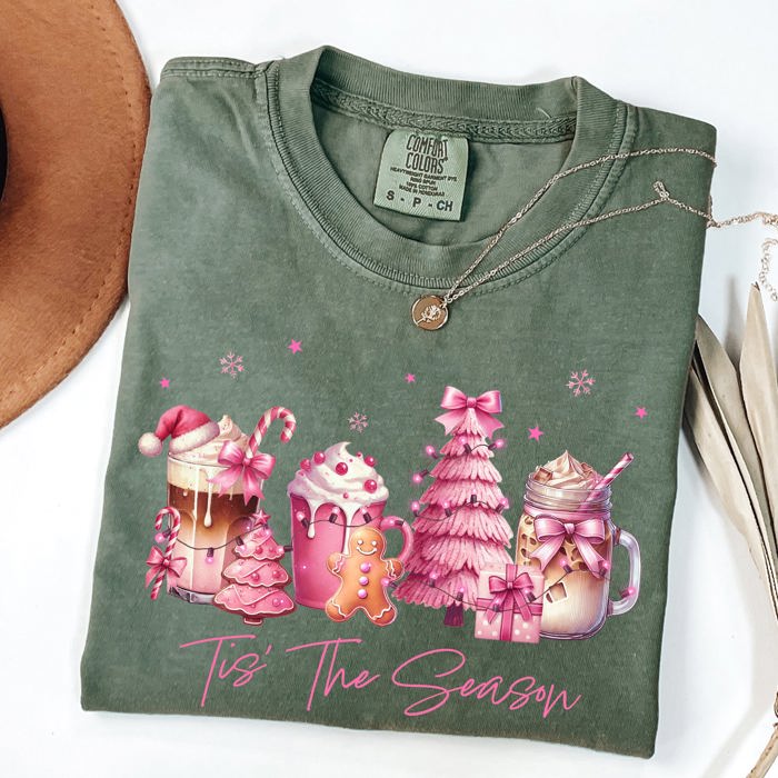 Tis The Season Coffee Drinks Pastel Snow Christmas Pink Cozy Vintage Winter Glow Comfort Colors Tee