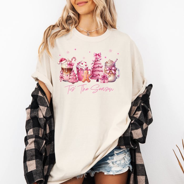 Tis The Season Coffee Drinks Pastel Snow Christmas Pink Cozy Vintage Winter Glow Comfort Colors Tee