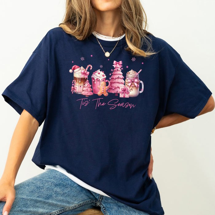 Tis The Season Coffee Drinks Pastel Snow Christmas Pink Cozy Vintage Winter Glow Comfort Colors Tee