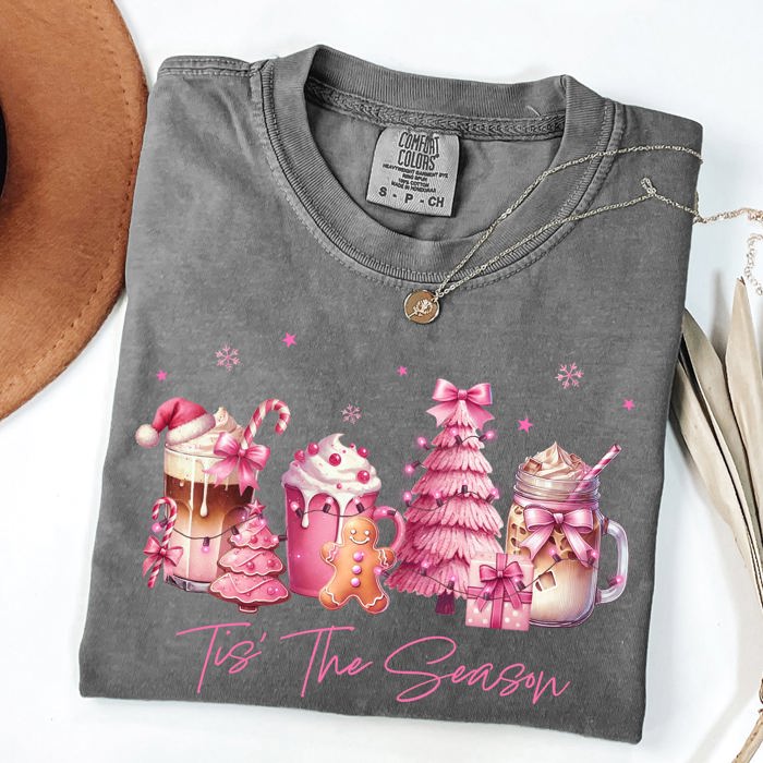 Tis The Season Coffee Drinks Pastel Snow Christmas Pink Cozy Vintage Winter Glow Comfort Colors Tee