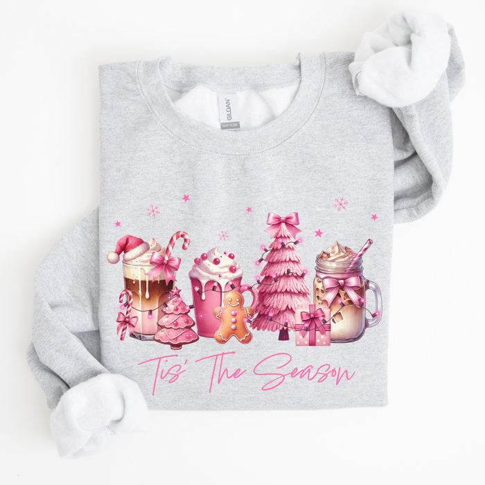 Tis The Season Coffee Drinks Pastel Christmas Pink Snow Cozy Festive Holiday Sweatshirt