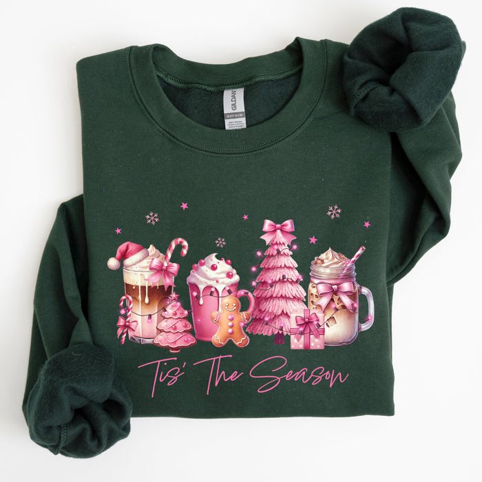 Tis The Season Coffee Drinks Pastel Christmas Pink Snow Cozy Festive Holiday Sweatshirt