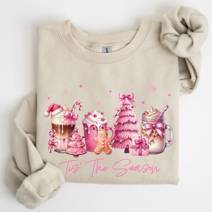 Tis The Season Coffee Drinks Pastel Christmas Pink Snow Cozy Festive Holiday Sweatshirt