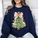 XXXL Navy Beautiful Christmas Tree Coquette Ribbon Bows Xmas Ornament Theme Cozy Festive Print Sweatshirt