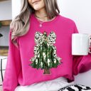 Large Heliconia Bright Pink Beautiful Christmas Tree Dalmatian Print Ribbon Coquette Bow Holiday Cheerful Sweatshirt