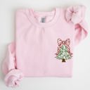 Small Light Pink Christmas Tree Pocket Floral Coquette Ribbons Vintage Inspired Classic Season Winter Sweatshirt