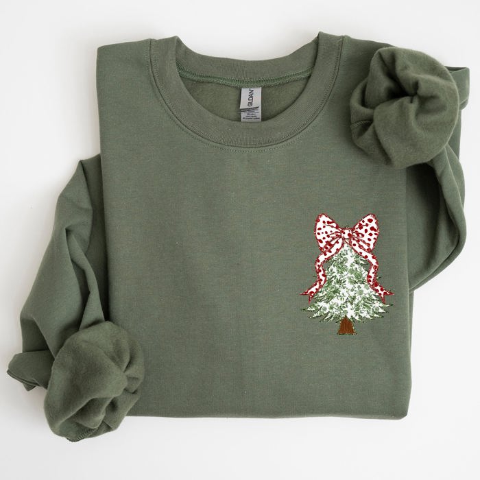 Christmas Tree Pocket Floral Coquette Ribbons Vintage Inspired Classic Season Winter Sweatshirt