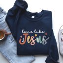 Large Navy Love Like Jesus Hearts Colorful Christian Gospel Faith Inspirational Message Bold Style Sweatshirt