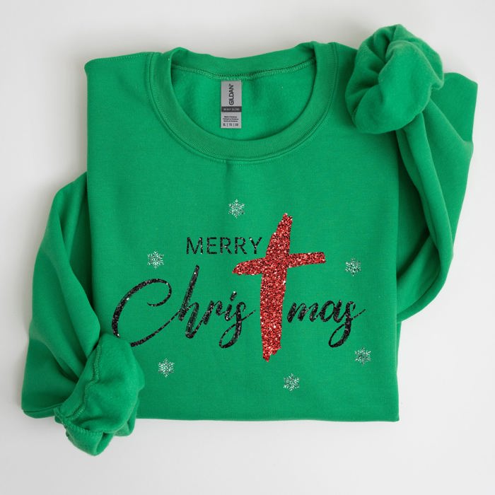 Merry Christmas Christ Faux Glitter Religious Gospel Faith Holiday Season Sweatshirt