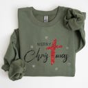 XL Military Green Merry Christmas Christ Faux Glitter Religious Gospel Faith Holiday Season Sweatshirt