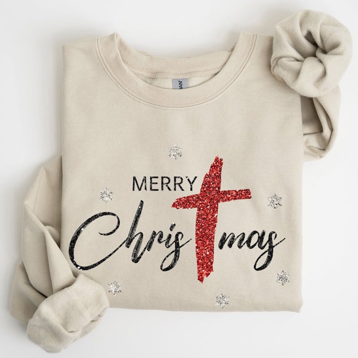 Merry Christmas Christ Faux Glitter Religious Gospel Faith Holiday Season Sweatshirt
