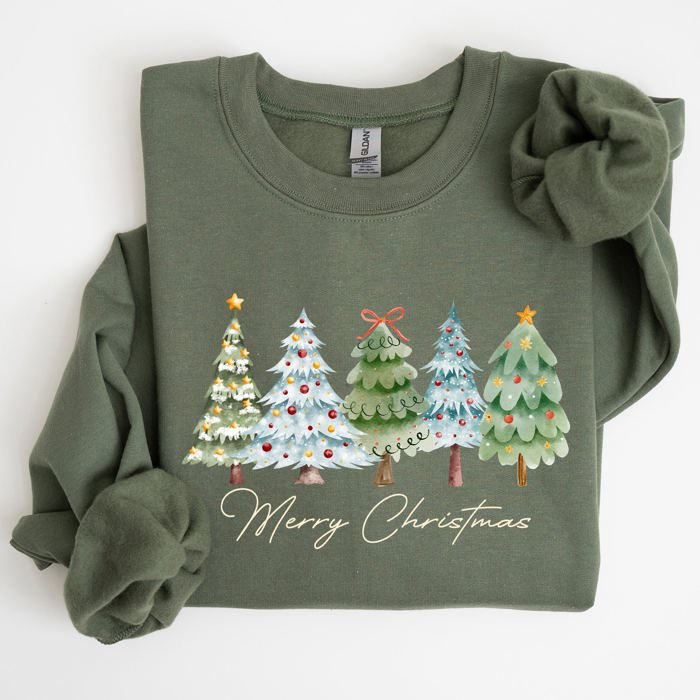 Merry Christmas Tree Santa Colorful Artwork Winter Holiday Scene Cozy Festive Sweatshirt