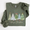 Large Military Green Merry Christmas Tree Santa Colorful Artwork Winter Holiday Scene Cozy Festive Sweatshirt