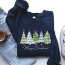 XL Navy Merry Christmas Tree Santa Colorful Artwork Winter Holiday Scene Cozy Festive Sweatshirt