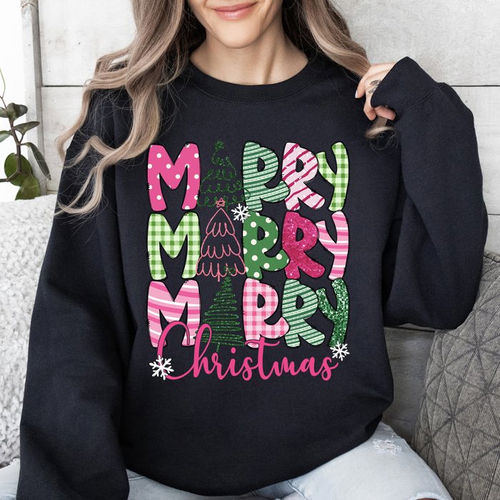 Merry Merry Merry Christmas Santa Xmas Colorful Patterns Holiday Cheer Sweatshirt