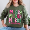 Large Military Green Merry Merry Merry Christmas Santa Xmas Colorful Patterns Holiday Cheer Sweatshirt