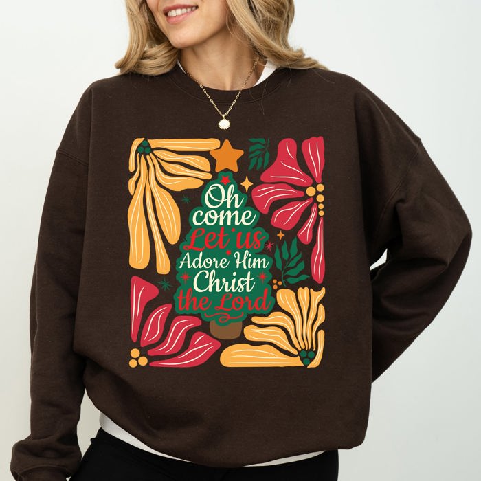 Oh Come Let Us Adore Him Christmas Floral Christian Religious Seasonal Sacred Sweatshirt