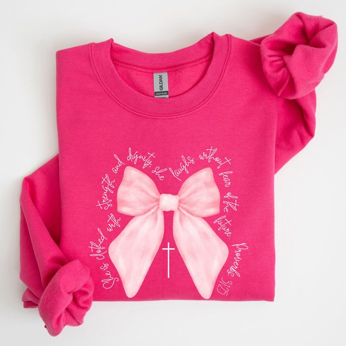 She Is Clothed With Strength And Dignity Proverbs Bows Ribbon Girly Religious Christmas Faith Sweatshirt