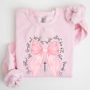 Small Light Pink She Is Clothed With Strength And Dignity Proverbs Bows Ribbon Girly Religious Christmas Faith Sweatshirt
