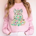 XXXL Light Pink Whimsical Pastel Christmas Tree Coquette Ribbon Bow Dalmatian Print Xmas Sweatshirt