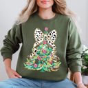 Medium Military Green Whimsical Pastel Christmas Tree Coquette Ribbon Bow Dalmatian Print Xmas Sweatshirt