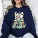 XXL Navy Whimsical Pastel Christmas Tree Coquette Ribbon Bow Dalmatian Print Xmas Sweatshirt
