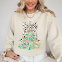 Small Sand Whimsical Pastel Christmas Tree Coquette Ribbon Bow Dalmatian Print Xmas Sweatshirt