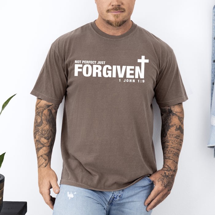 Not Perfect, Just Forgiven John Jesus Gospel Faith Bible Verse Inspired Comfort Colors Tee
