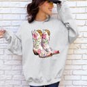 XXL Ash Light Gray Cowgirl Boots Pink Floral Colorful Western Country Inspired Graphic Boho Style Sweatshirt