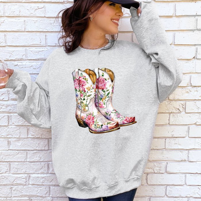 Cowgirl Boots Pink Floral Colorful Western Country Inspired Graphic Boho Style Sweatshirt