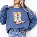 Large Indigo Blue Cowgirl Boots Pink Floral Colorful Western Country Inspired Graphic Boho Style Sweatshirt