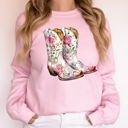 Large Light Pink Cowgirl Boots Pink Floral Colorful Western Country Inspired Graphic Boho Style Sweatshirt