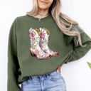 Small Military Green Cowgirl Boots Pink Floral Colorful Western Country Inspired Graphic Boho Style Sweatshirt