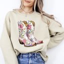 XXL Sand Cowgirl Boots Pink Floral Colorful Western Country Inspired Graphic Boho Style Sweatshirt