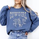 Medium Indigo Blue Cowgirl Era Rodeo Western Country Horse Graphic Heritage Inspired Statement Sweatshirt