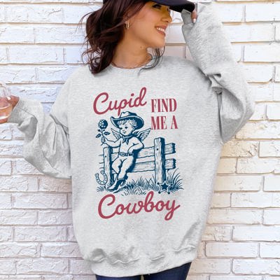 Cupid Find Me A Cowboy Western Love Heart Valentine's Day Theme Graphic Print Premium Sweatshirt