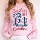 XL Light Pink Cupid Find Me A Cowboy Western Love Heart Valentine's Day Theme Graphic Print Premium Sweatshirt