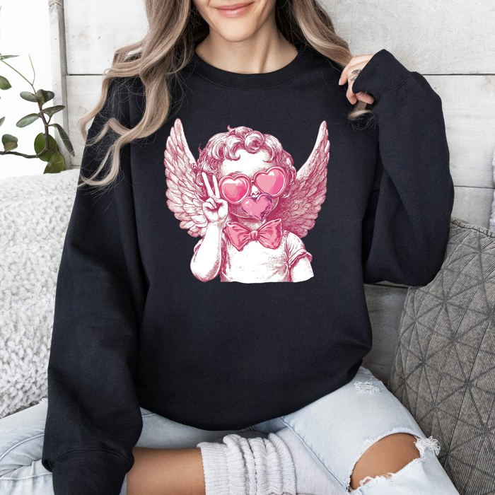 Cupid Peace Sunglasses Wings Valentine's Day Love Illustrated Graphic Sweatshirt