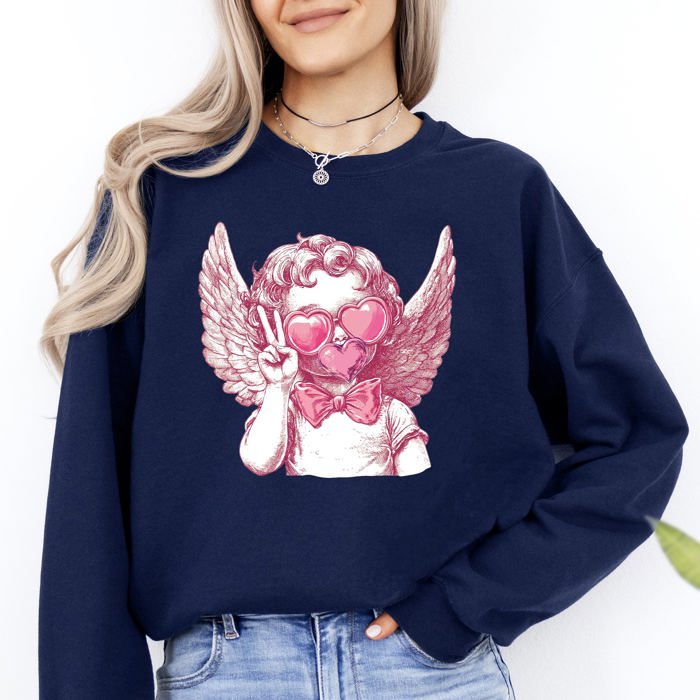 Cupid Peace Sunglasses Wings Valentine's Day Love Illustrated Graphic Sweatshirt