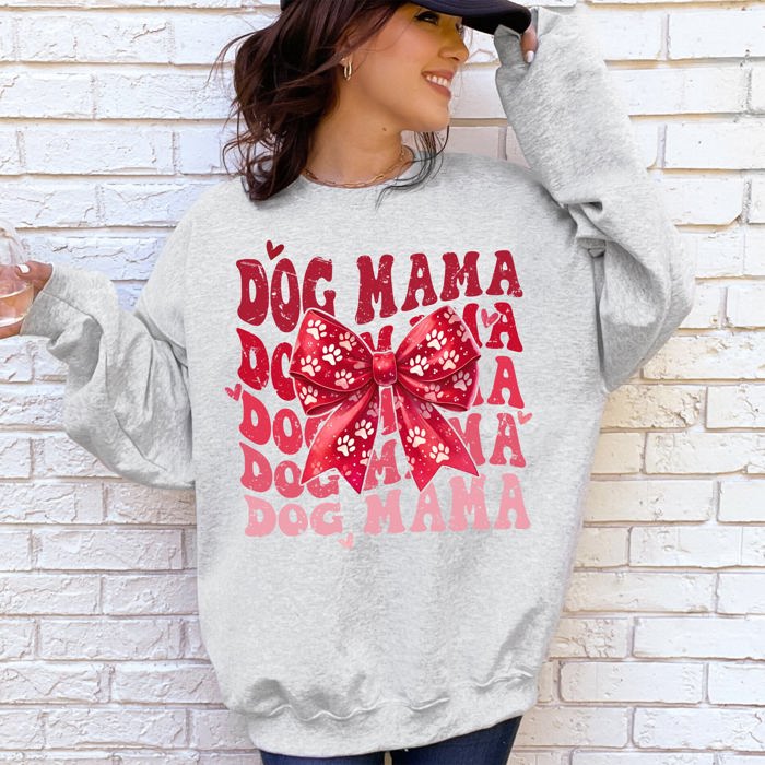 Dog Mama Ribbon Valentines Day Love Hearts Cozy Fleece Knit Warm Casual Everyday Wear Sweatshirt
