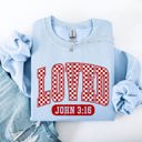 Large Light Blue Loved John 3:16 Checkered Cozy Valentine Love Christian Faith Scripture Sweatshirt
